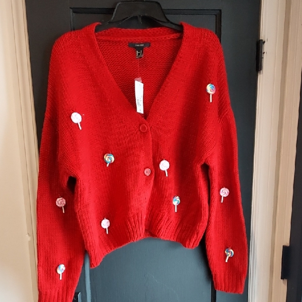 Forever 21 Red Cardigan with Colorful Embellishments